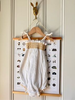 Lilu White One-Piece Romper with Gold Smocked Top